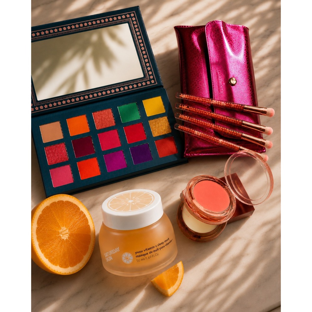 Saturday Skin Yuzu Sleep Mask Eyeshadow Palette Blush and Brush Makeup Bundle